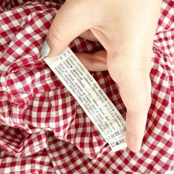 Zara Off the Shoulder Gingham Dress Red White Tiered Ruffle Sleeve Size M - Picture 8 of 10